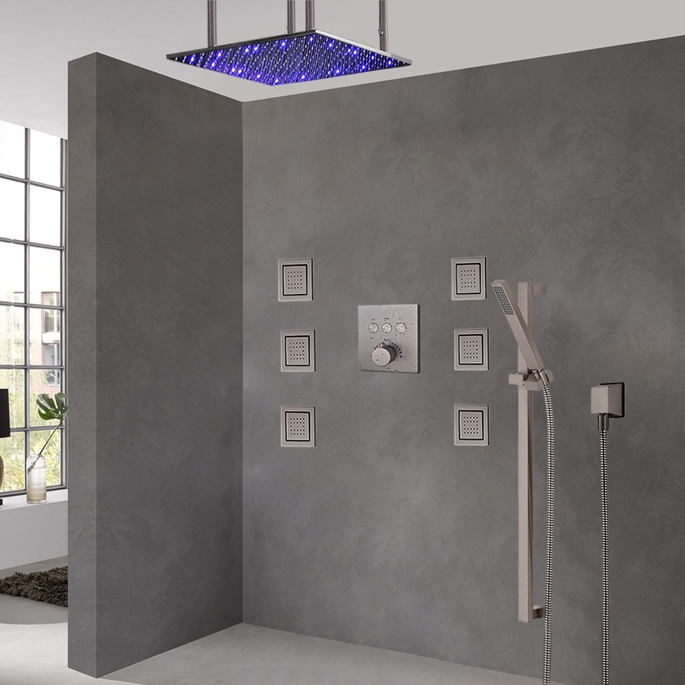 BathSelect Brushed Nickel Ceiling Mount LED Rainfall Shower Set With Thermostat Mixer Jet Spray And Slidebar Handshower